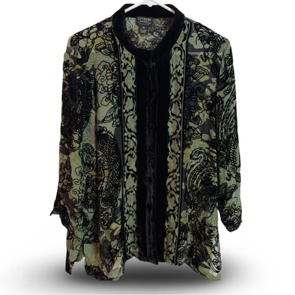 Citron Santa Monica green and black velvet dragon burnout blouse